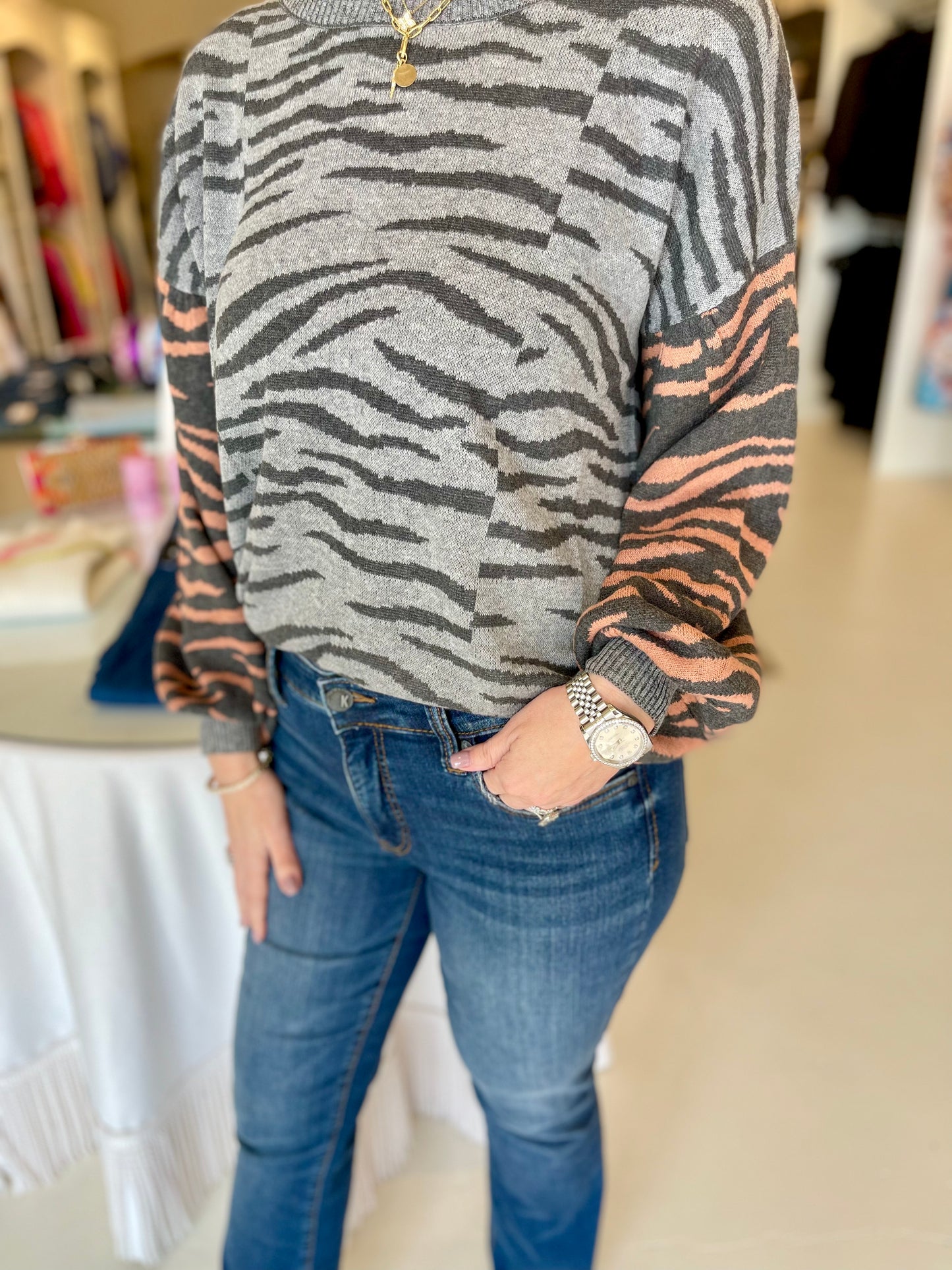 Karlie Grey Zebra Print Sweater