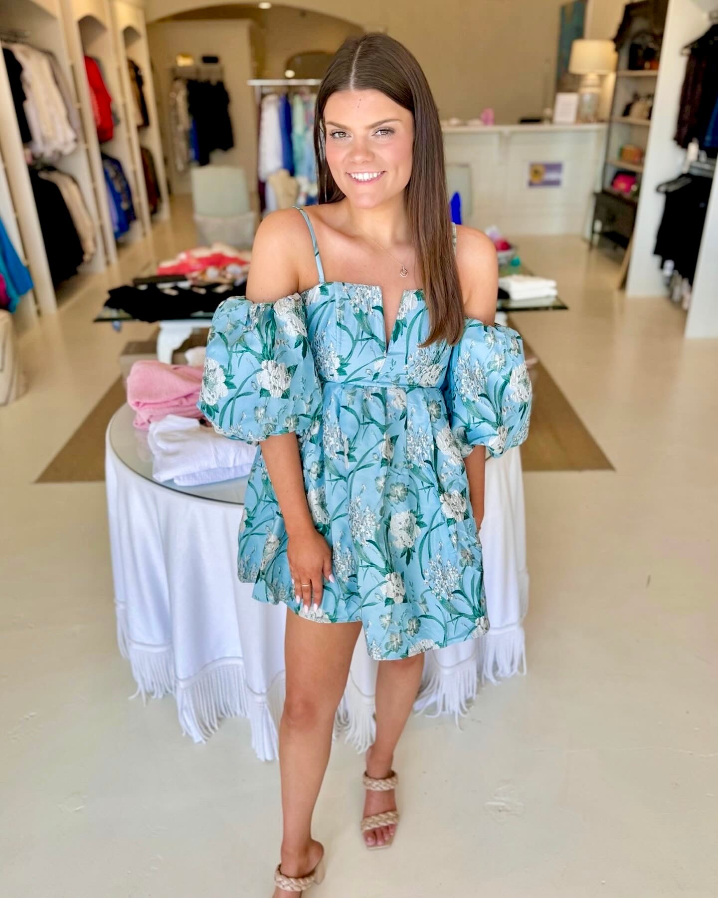 EAB Favorites Jacquard Off Shoulder Volume Sleeve Mini Dress