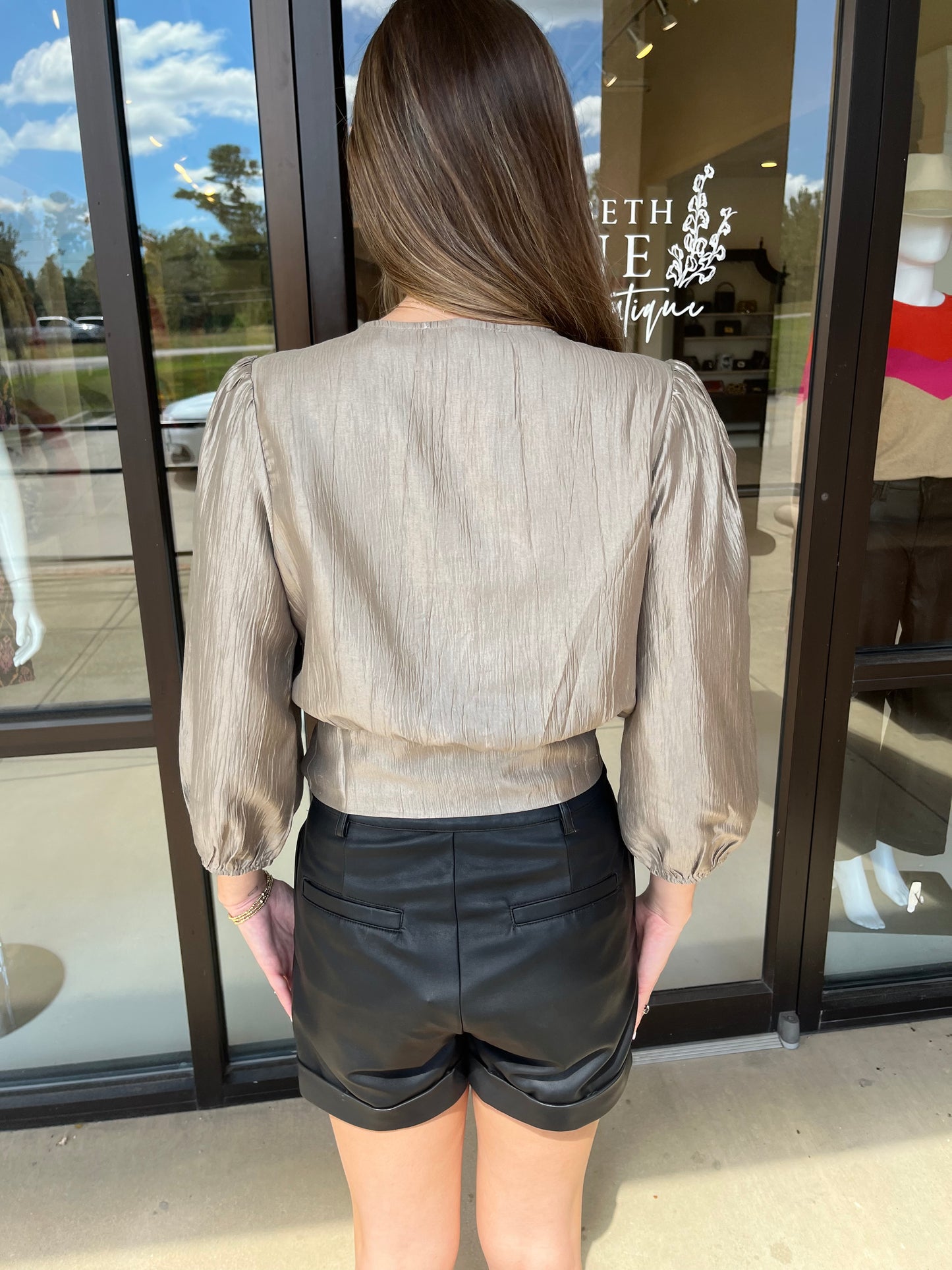 Joy Joy Tie Front Top-Taupe