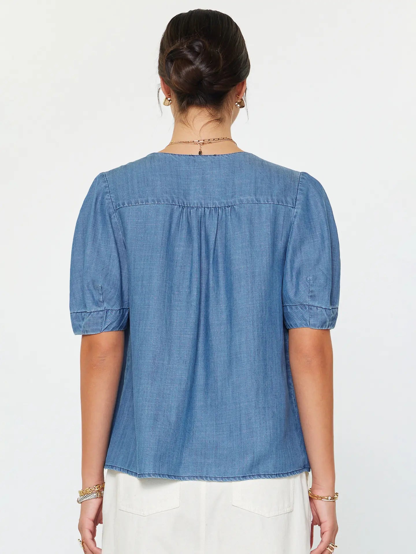 Chambray V-Neck Short Sleeve Blouse