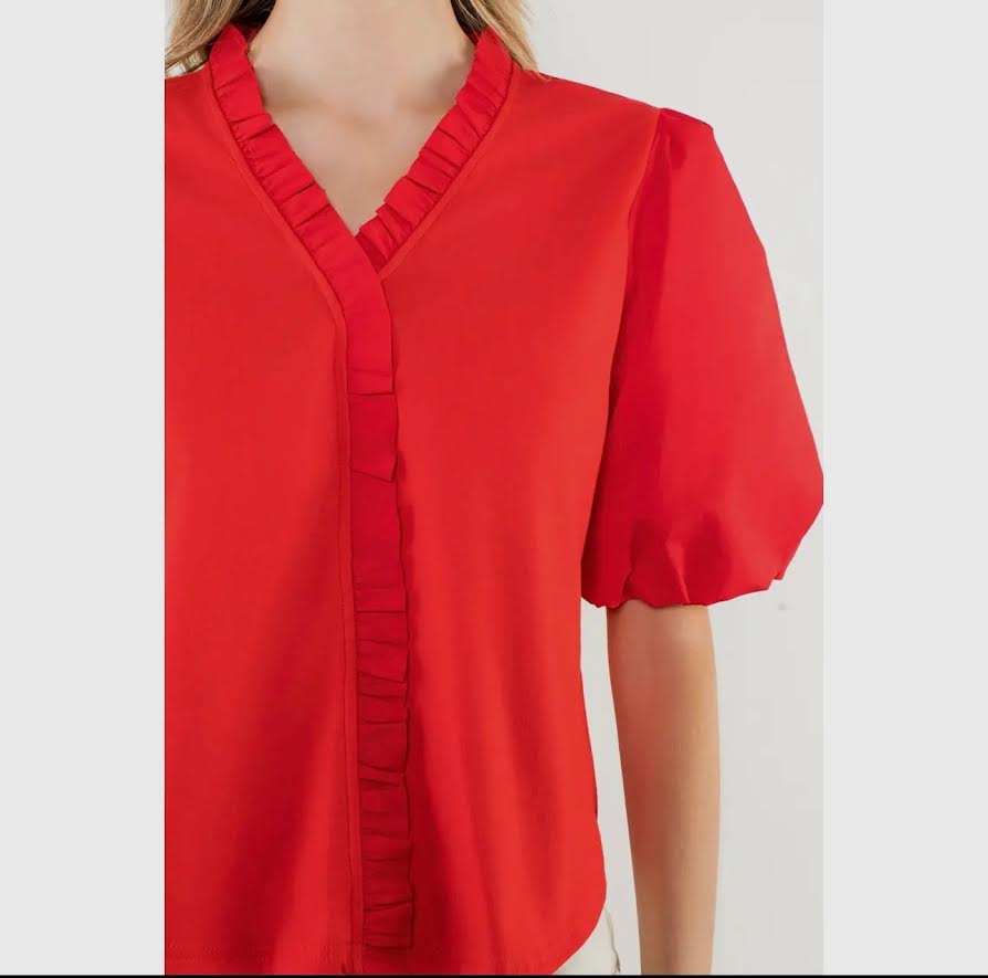 EAB Favorites Ruffle Trim Poplin Puff Sleeve Top