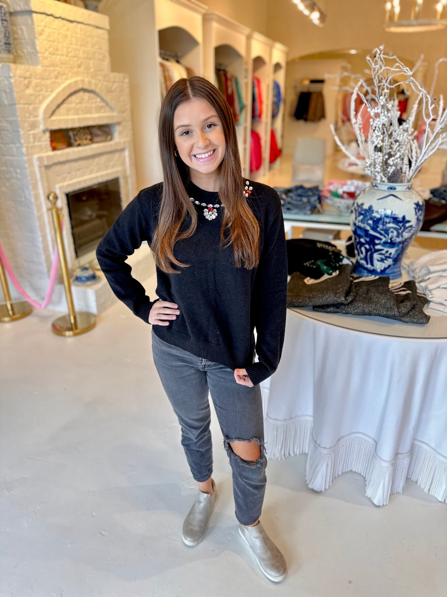 EAB Favorites Color Stone Trim Sweater