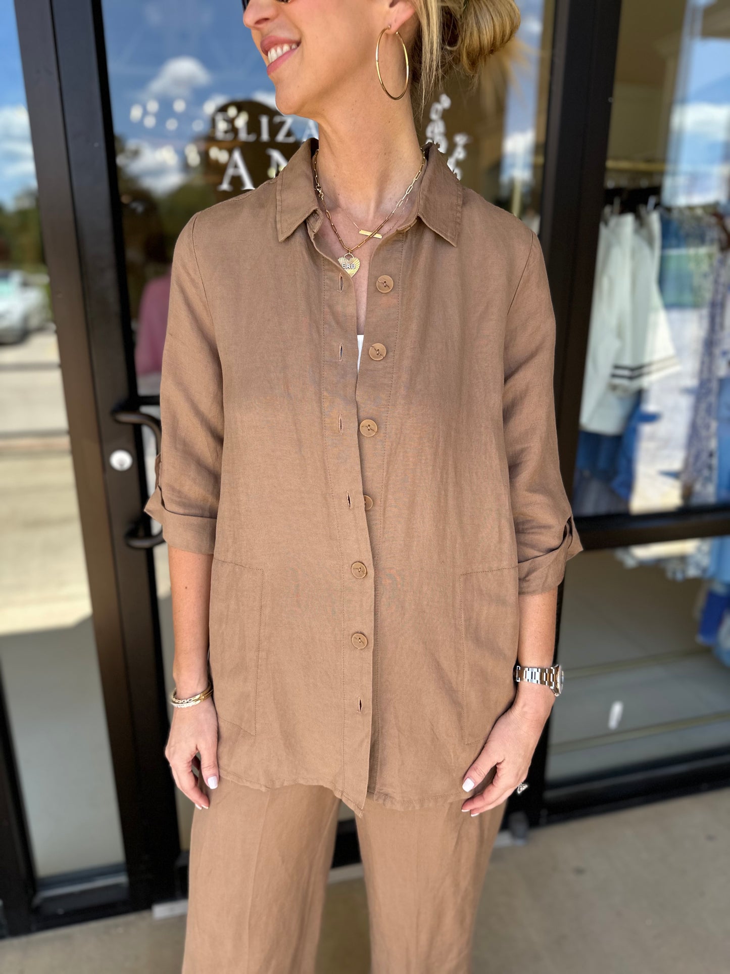 Renuar Woven Blouse Linen Long Walnut