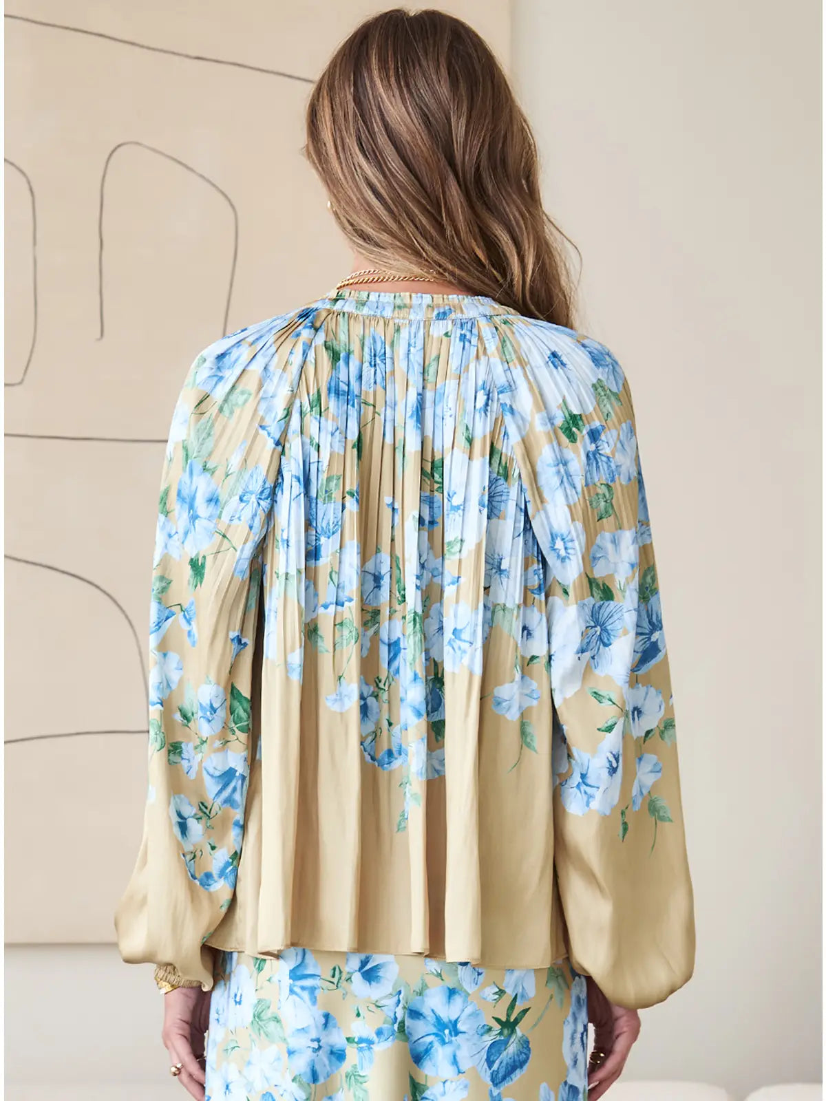 Floral Printed Pleated Blouse - Light Olive Blue