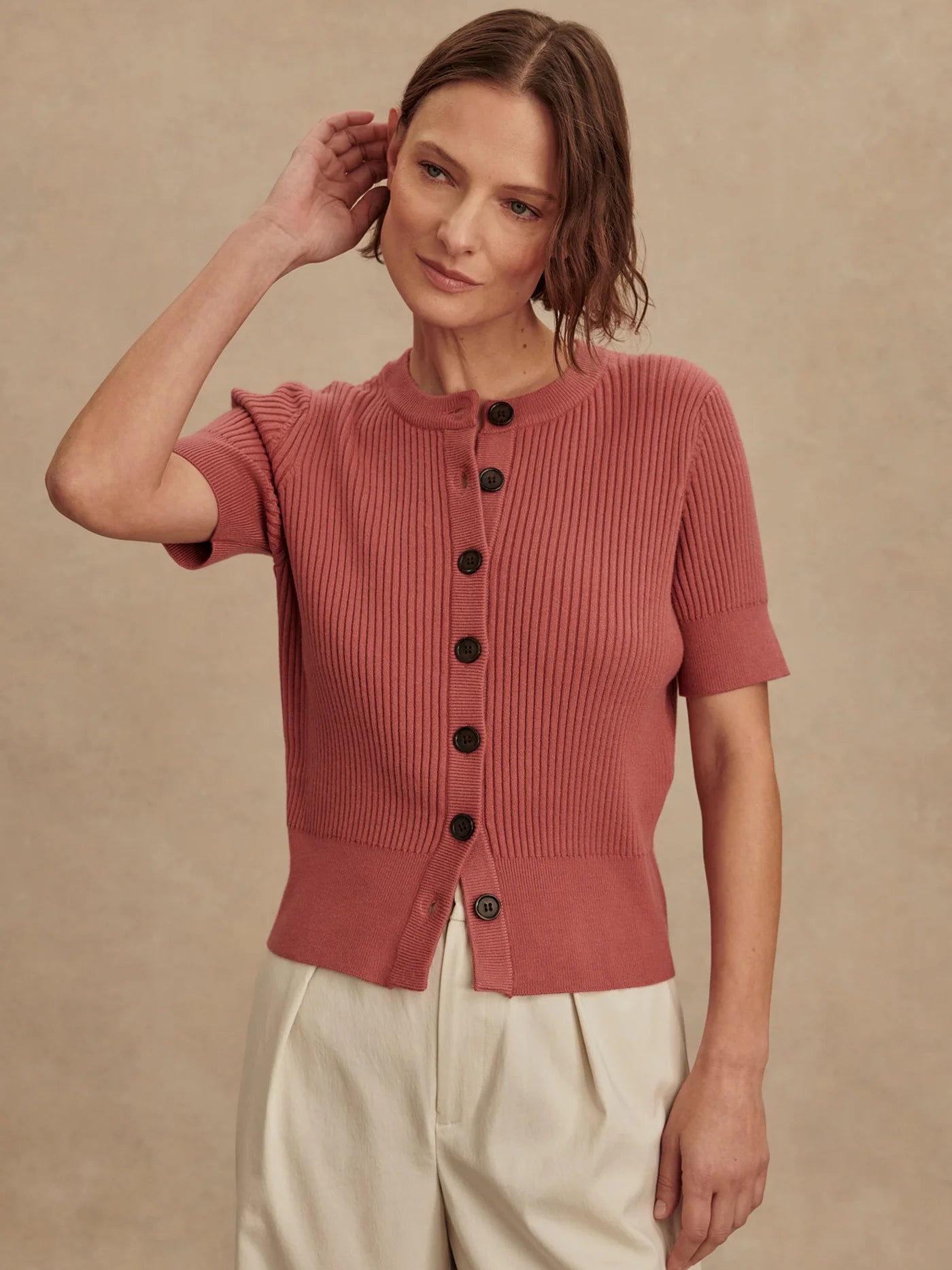 Varley Micha Short Sleeve Cardigan - Mauvewood