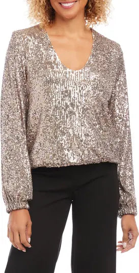 Karen Kane Gold Sequin Blouson Sleeve Top