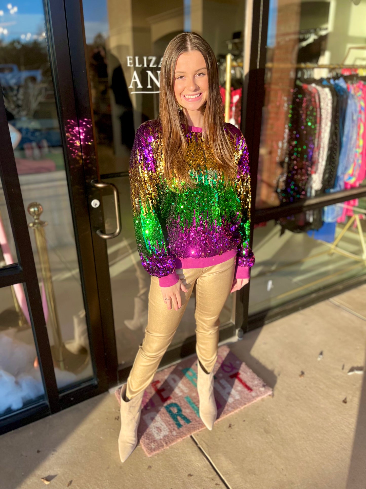 EAB Favorites Mardi Gras Sequin Color Block Pullover