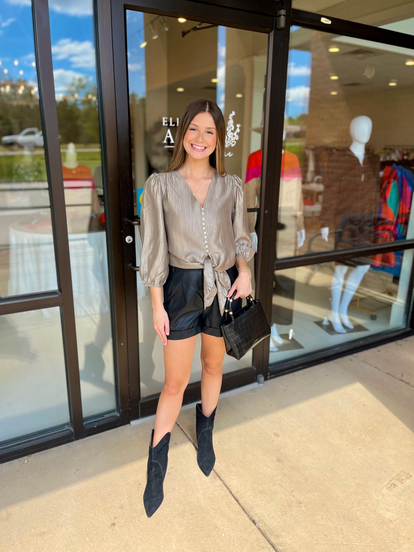 Joy Joy Tie Front Top-Taupe