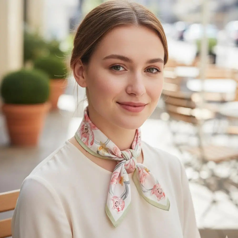 Spring Tulip Floral Silky Bandana Square Neck Scarf