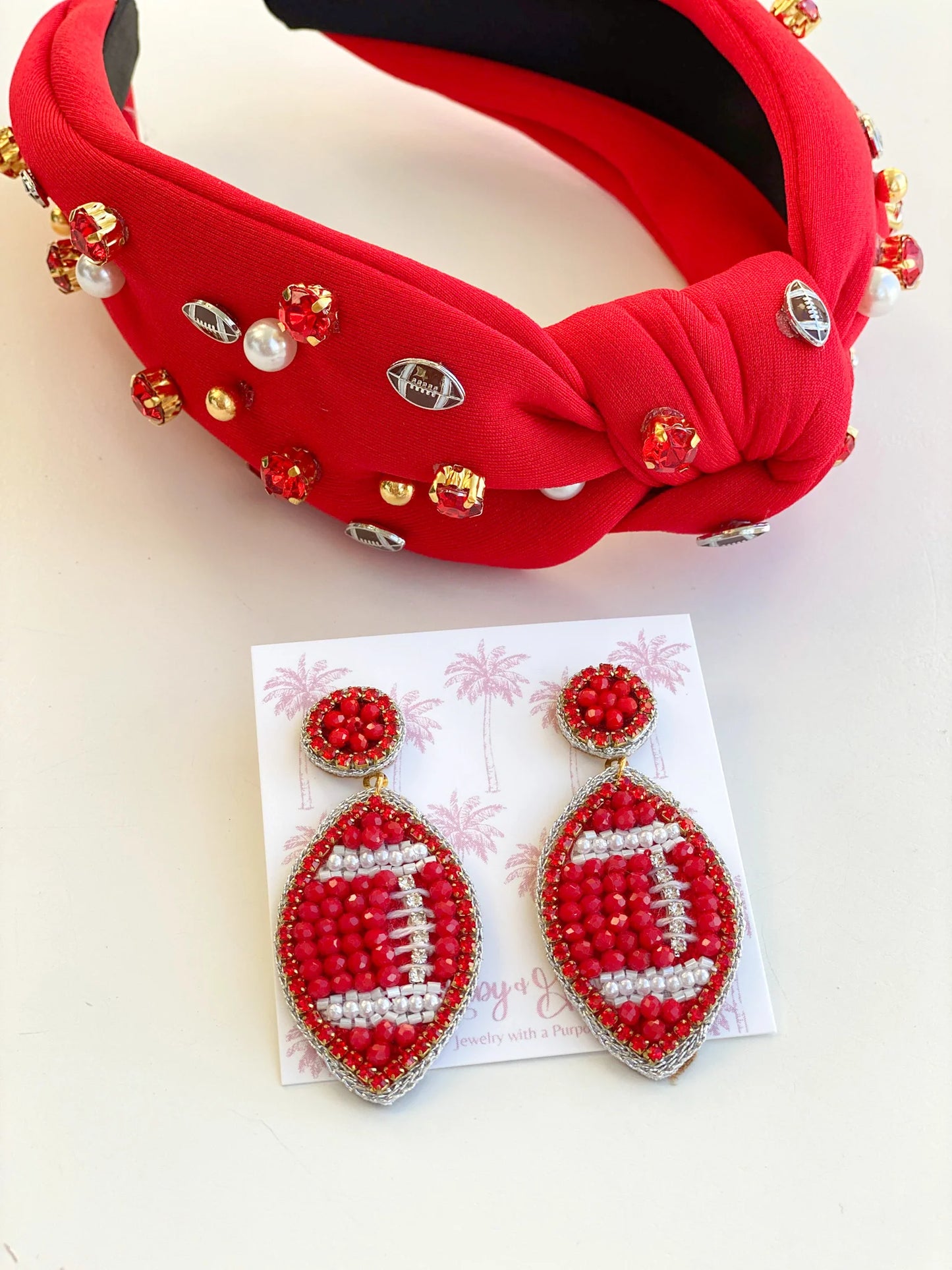 Gaby and Grace Red Beaded GameDay Football Earrings