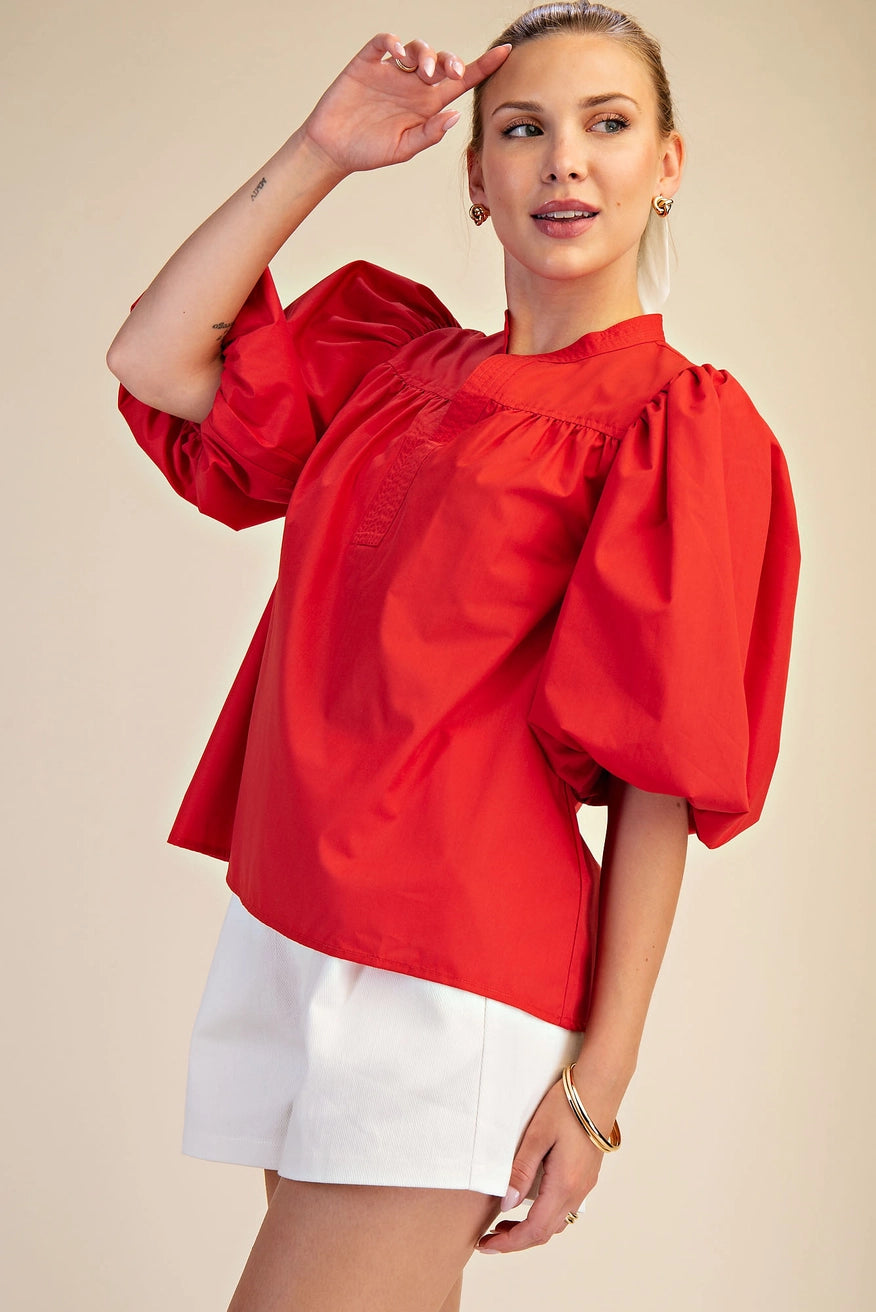 V-Neck Bubble Sleeve Poplin Top