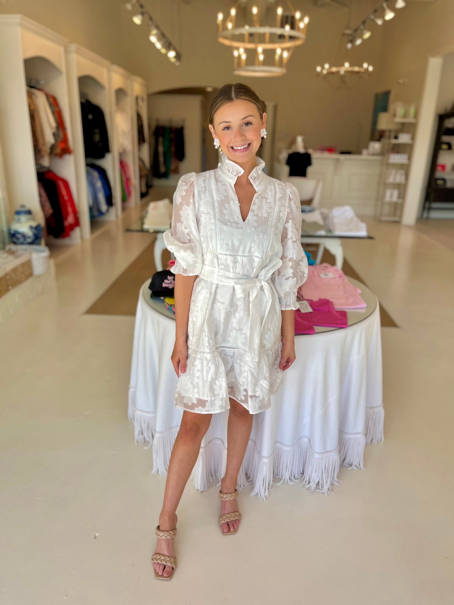 Jade High Neck White Trimmed Dress