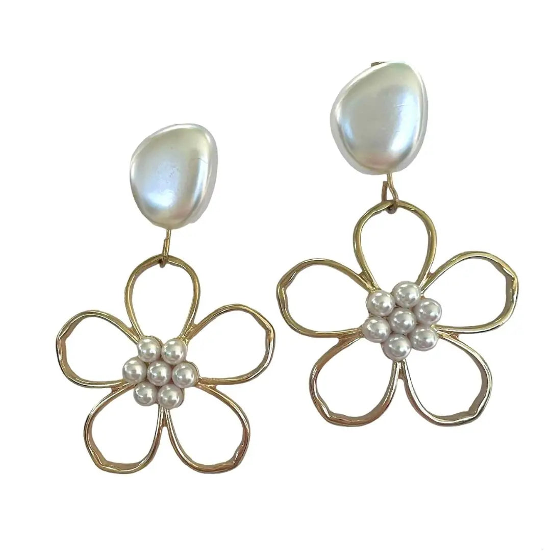 Gold Flower & Pearl Earrings