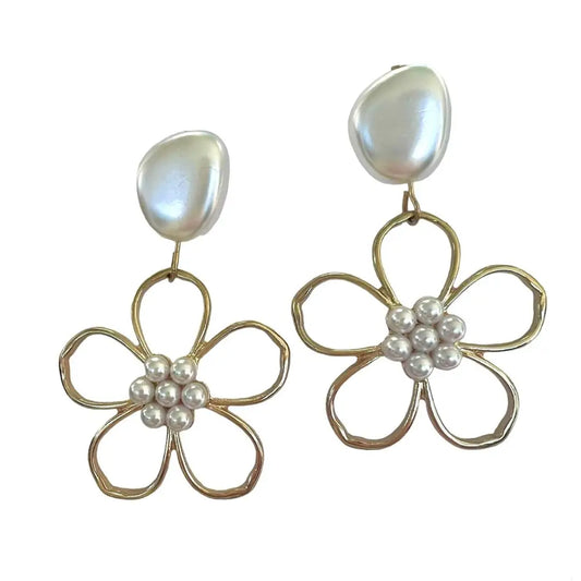 Gold Flower & Pearl Earrings