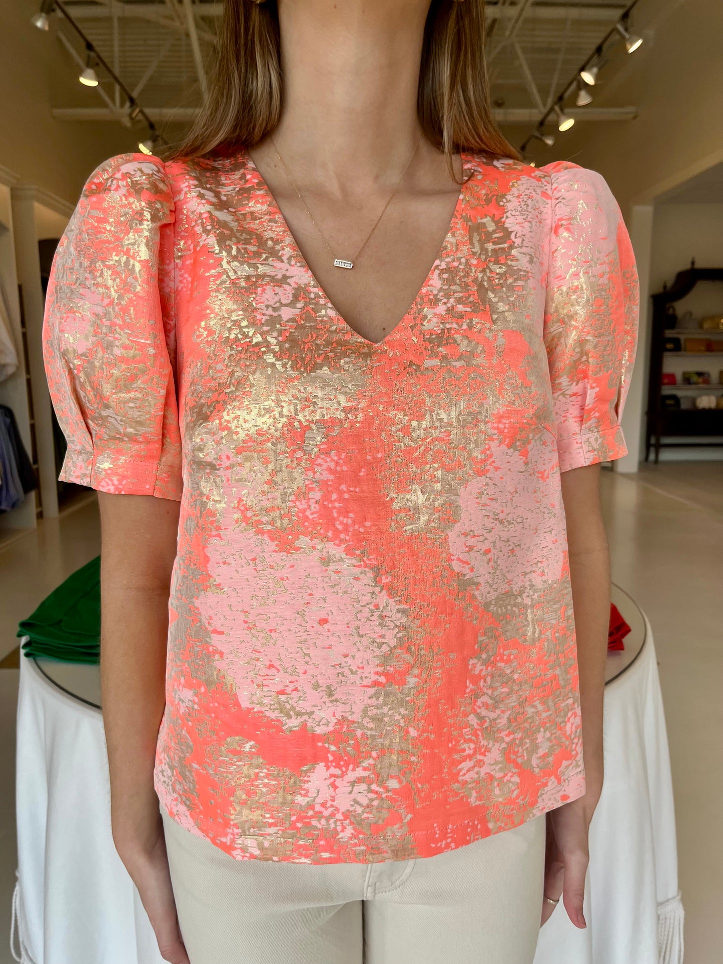 Jade V-Neck Puff Sleeve Top - Gold Dust