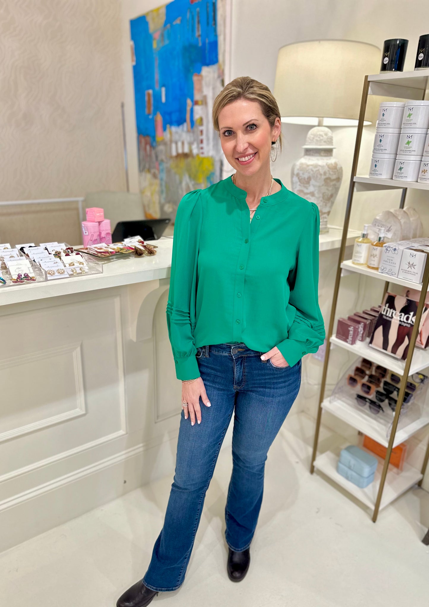 Jade Green Pleated Sleeve Blouse