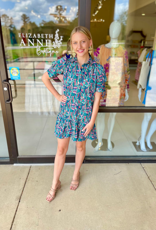 Never A Wallflower Everything Short Sleeve Dress with Ruffle - April Flowers Dark