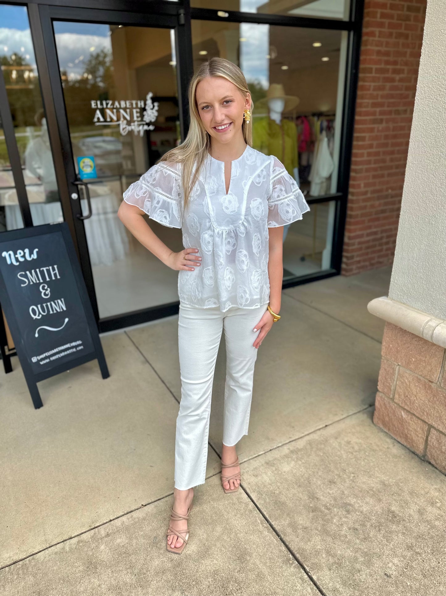 Joy Joy Trimmed Flare Sleeve Top - White