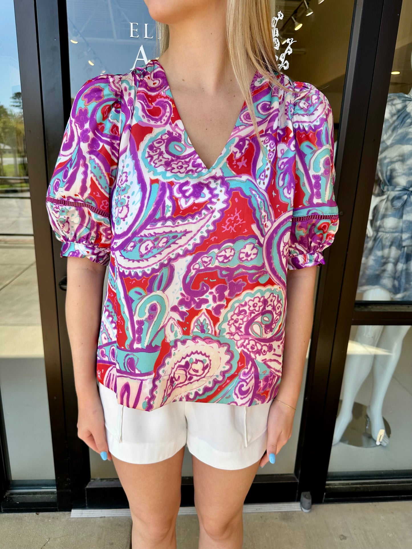 Jade V-Neck Trim Sleeve Top- Pure Paisley