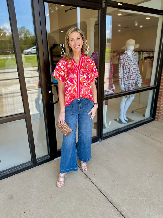 EAB Favorites Abstract Striped Split Neck Blouse