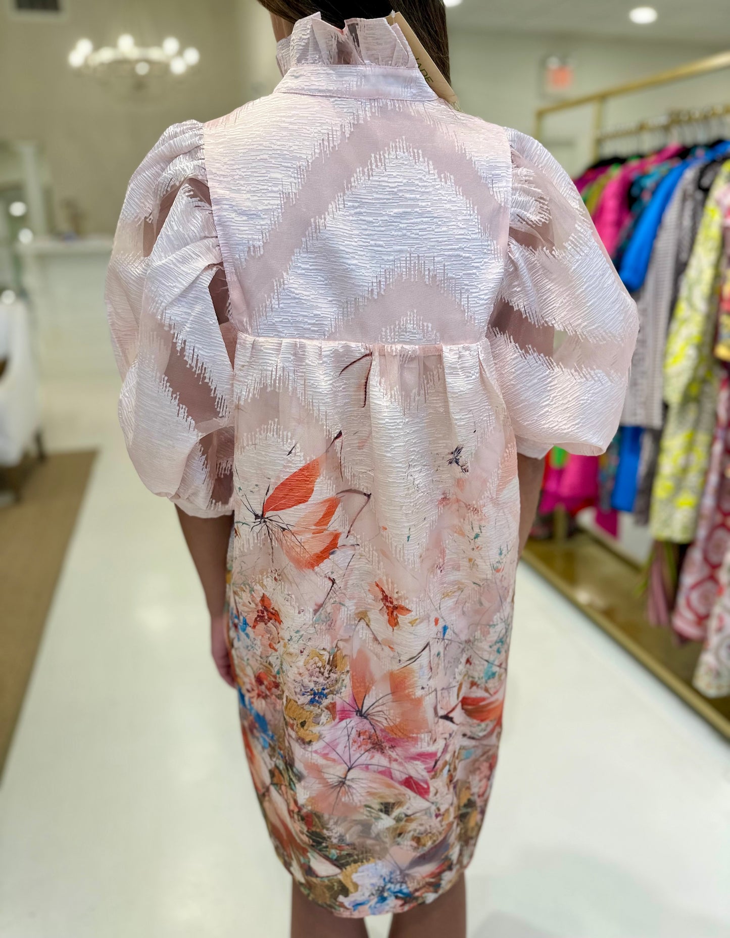 Jade High Neck Puff Sleeve Dress - Butterfly Garden