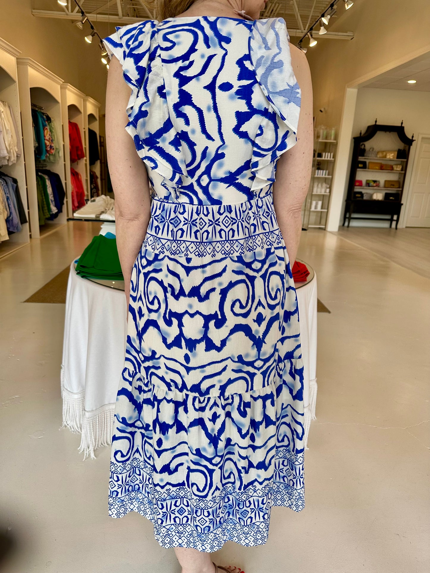 Joy Joy Ruffle V-Neck Maxi- Oceanic Border