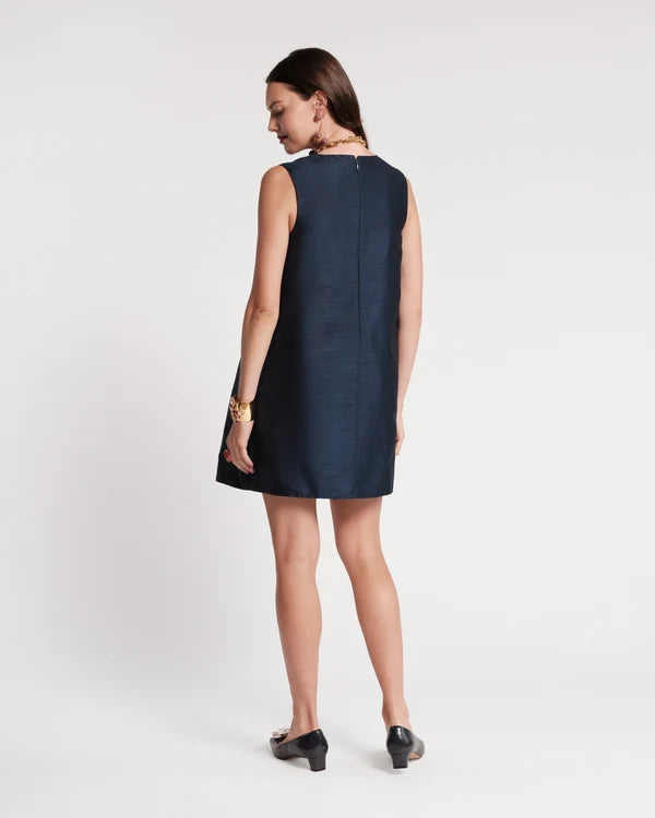 Frances Valentine Alice Shift Dress Poppy Poly Dupion - Navy Multi