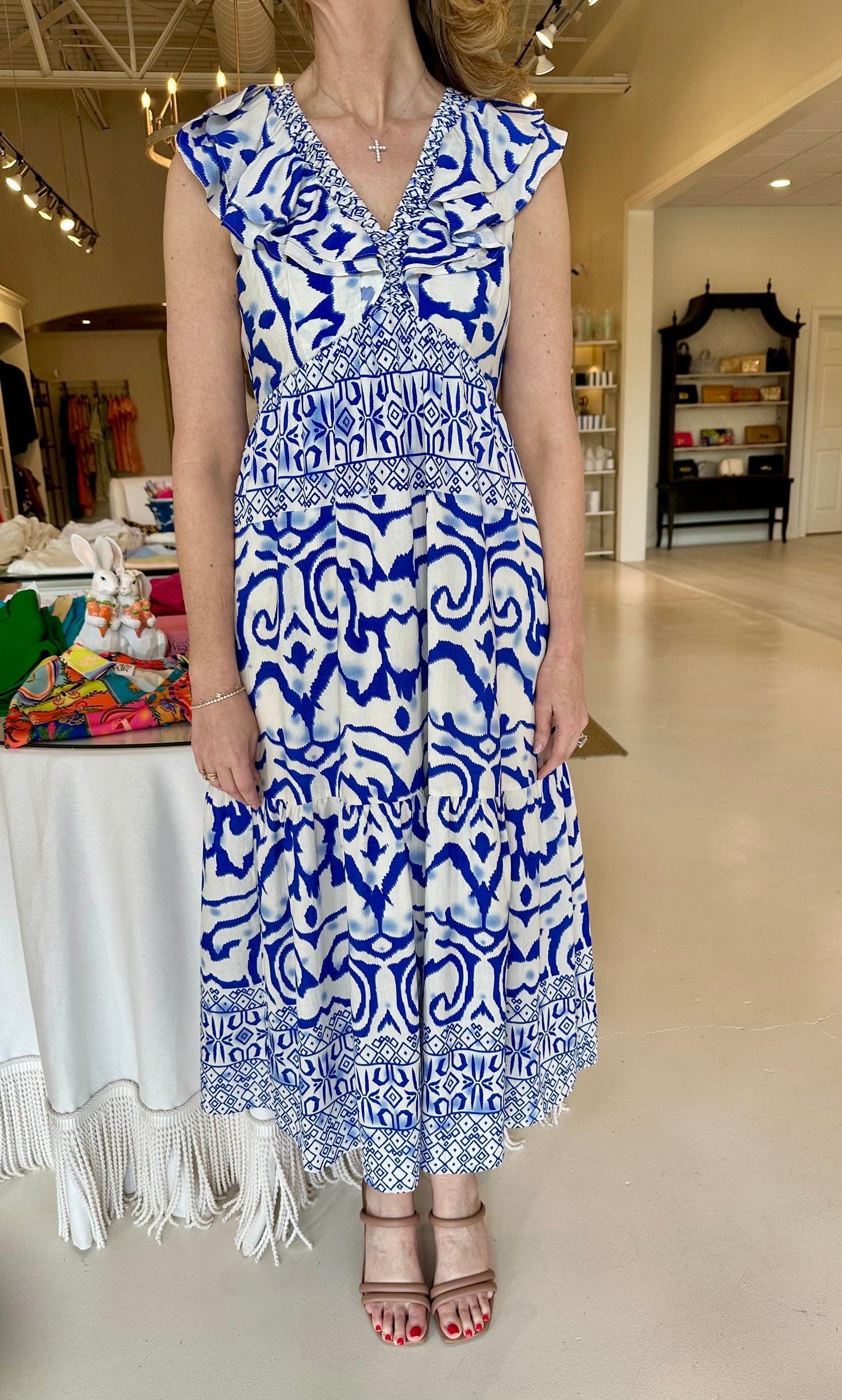 Joy Joy Ruffle V-Neck Maxi- Oceanic Border