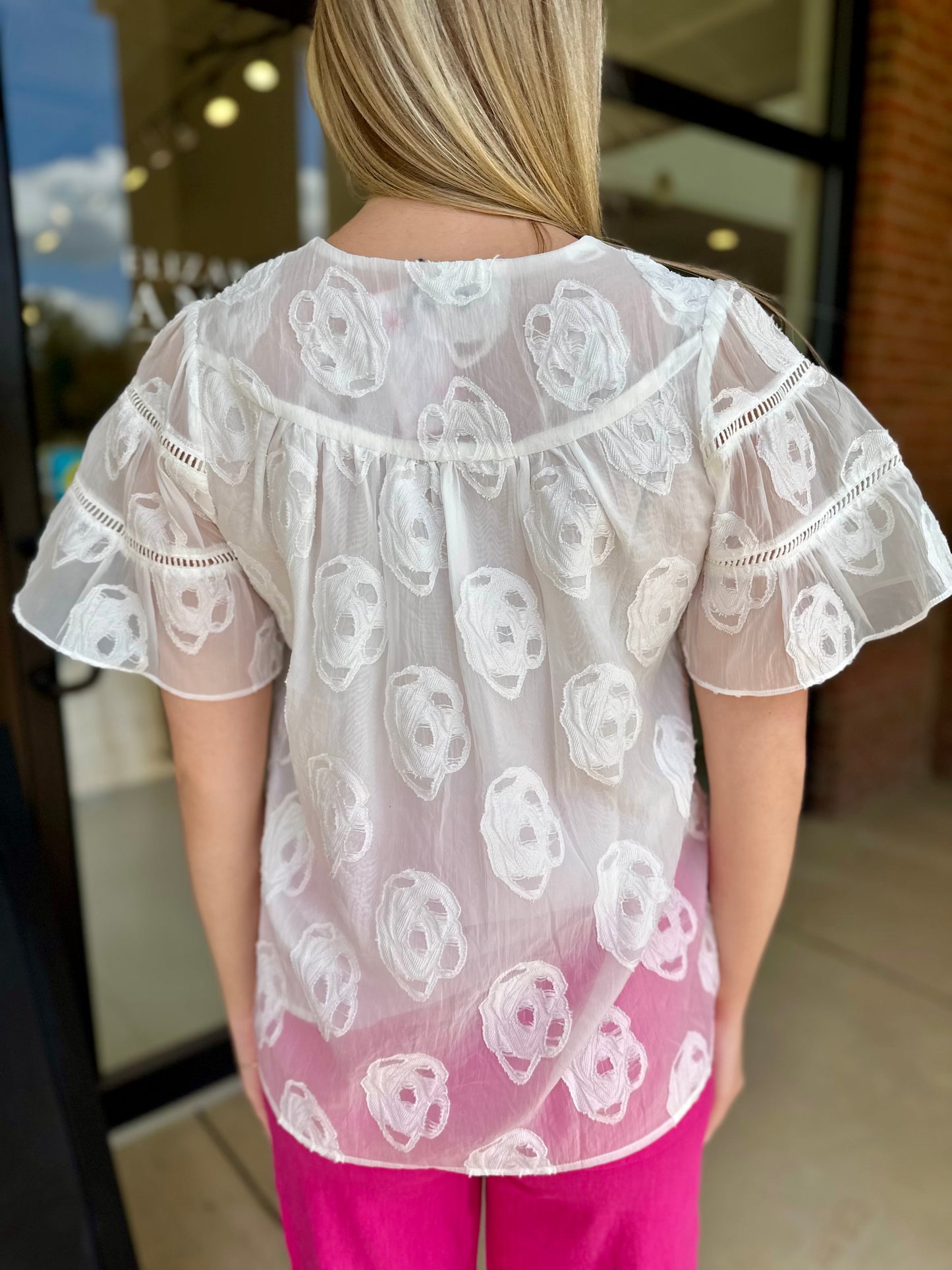 Joy Joy Trimmed Flare Sleeve Top - White