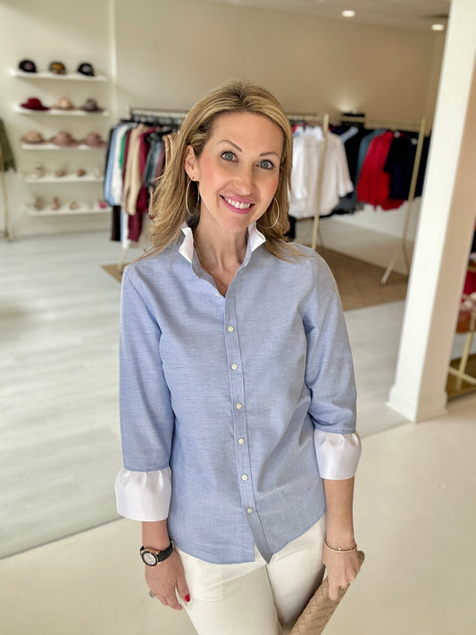 Pearly Vine Scarlett Oxford Ribbon Trim 3/4 Sleeve- Blue