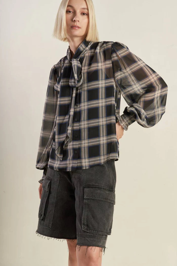 EAB Favorites Black Plaid Bow Neck Top