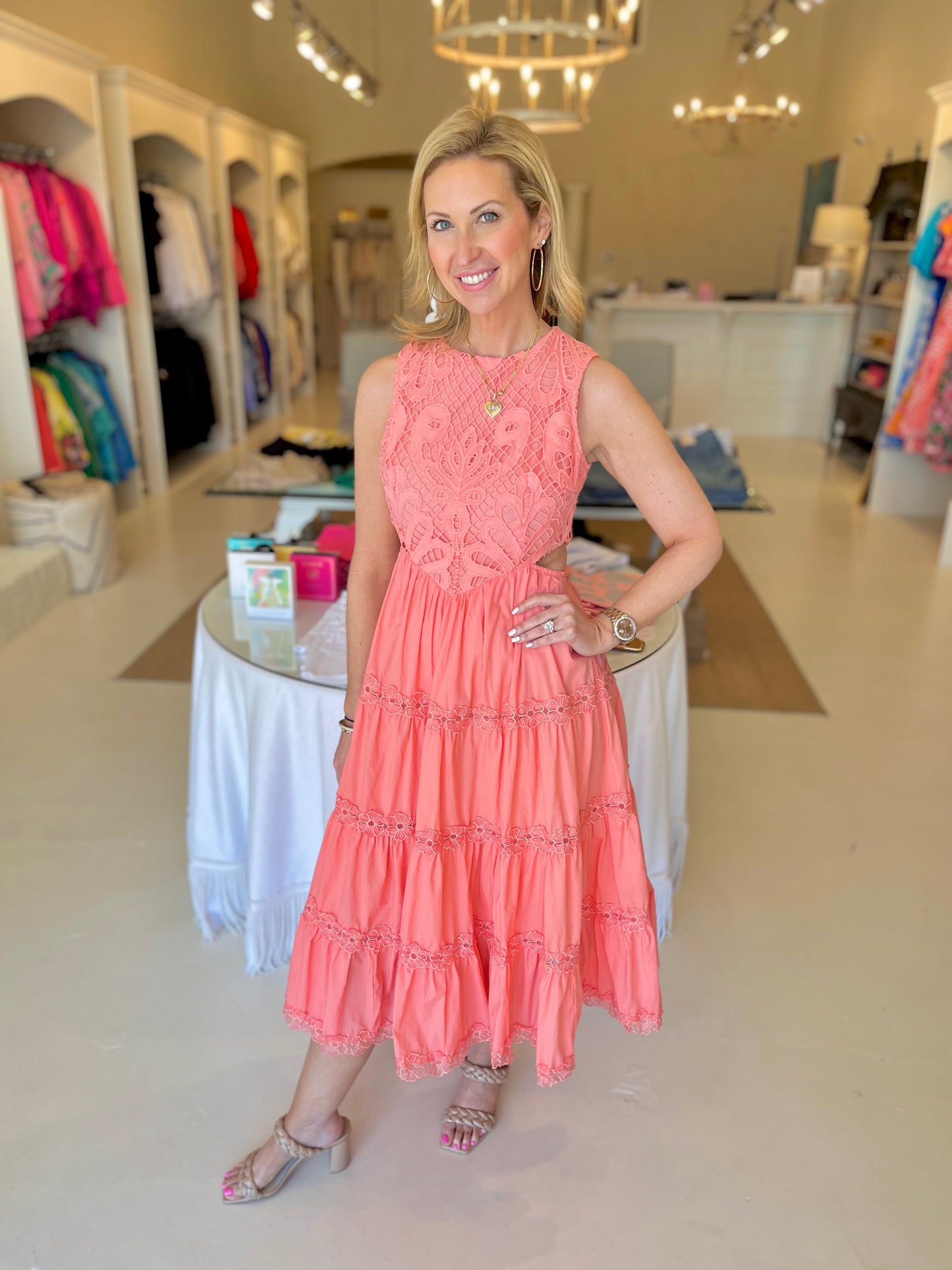 EAB Favorites Coral Cutout A-Line Midi Dress