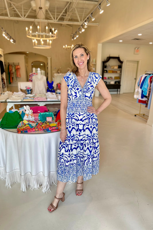 Joy Joy Ruffle V-Neck Maxi- Oceanic Border