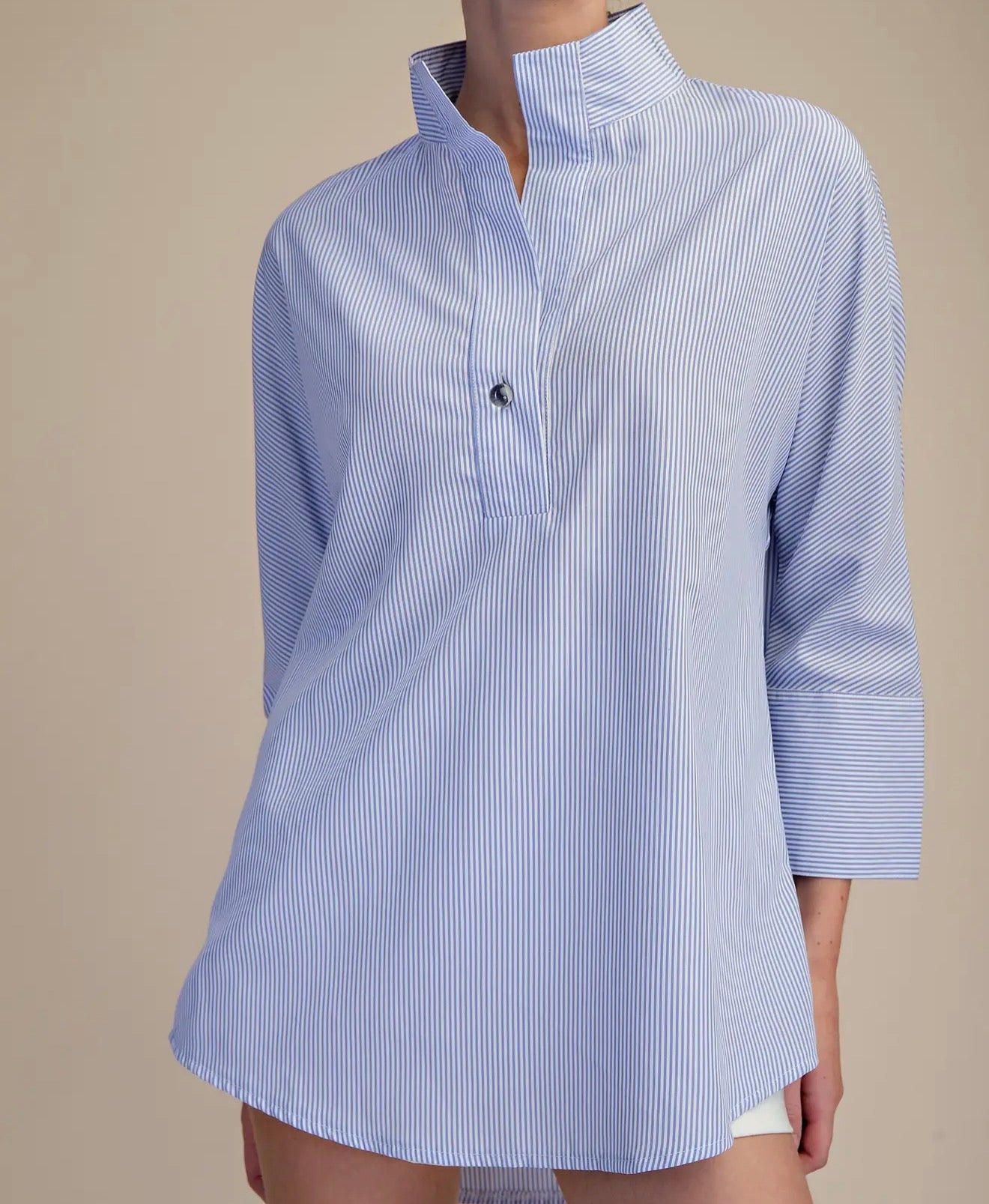 Stand neck blue & white striped shirt