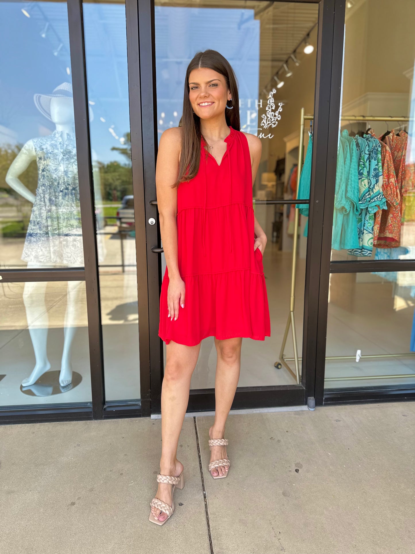 Joy Joy Red Trim Tier Halter Dress