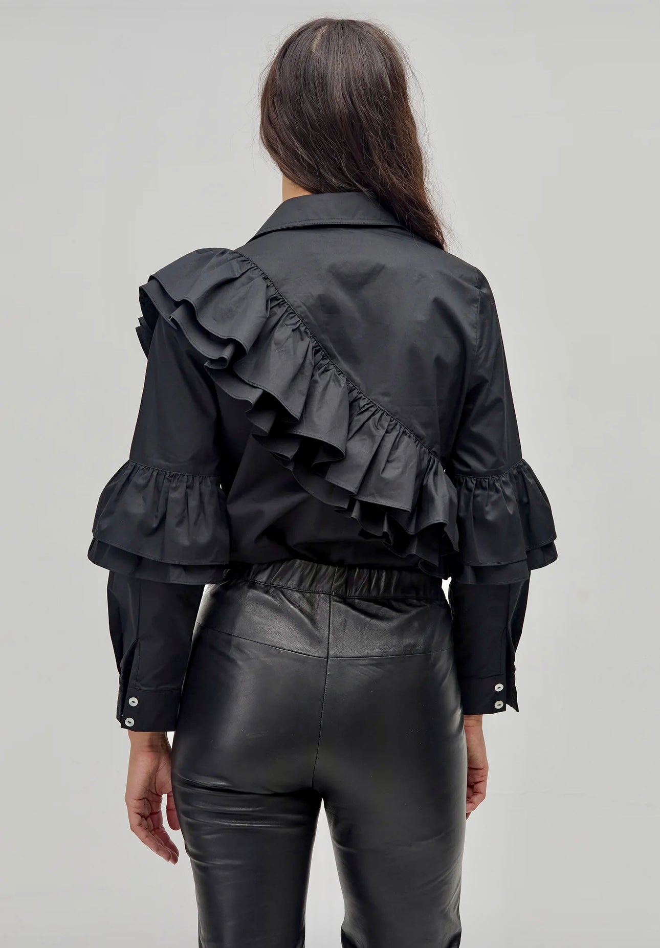 Mambo Black Cotton Shirt With Ruffle Detail