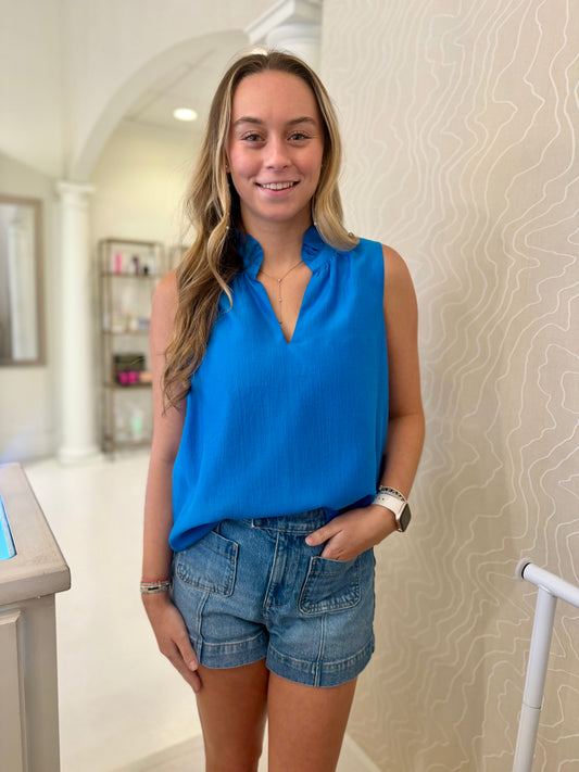 Jade Ruffle Neck Shell- Turquoise
