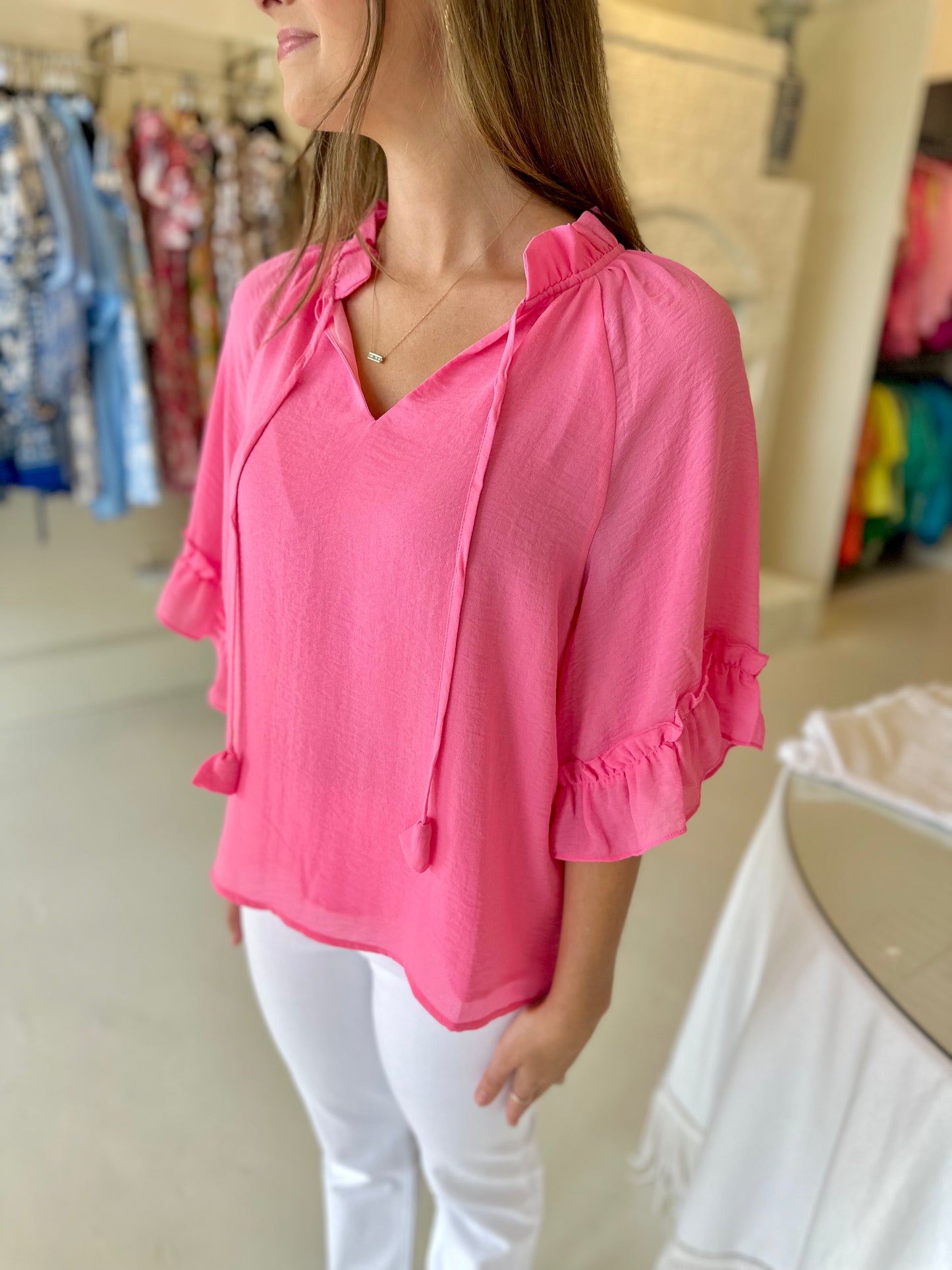 Jade Pink Tiered Sleeve Ruffles Top