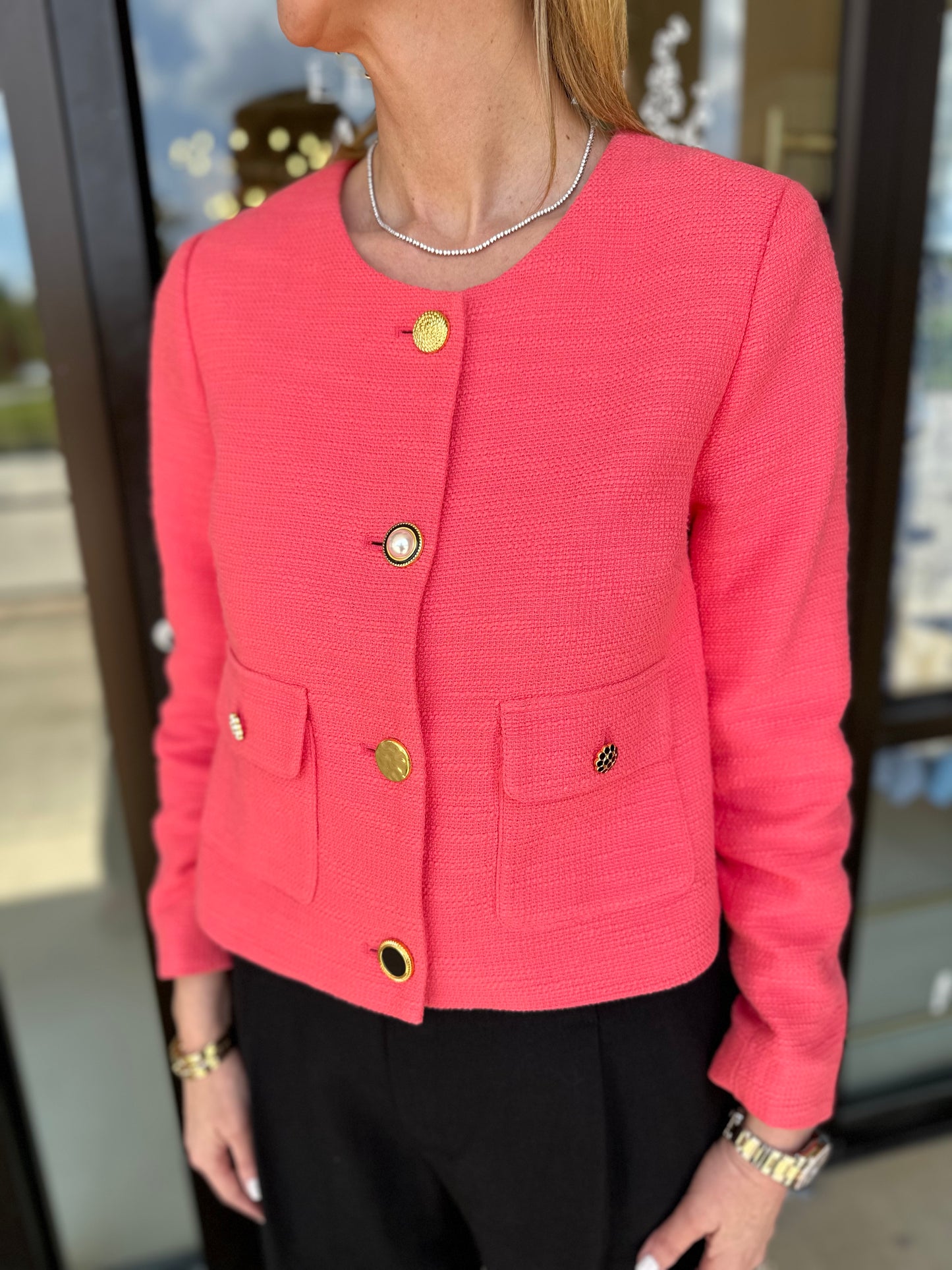 Esqualo Collarless Jacket- Strawberry
