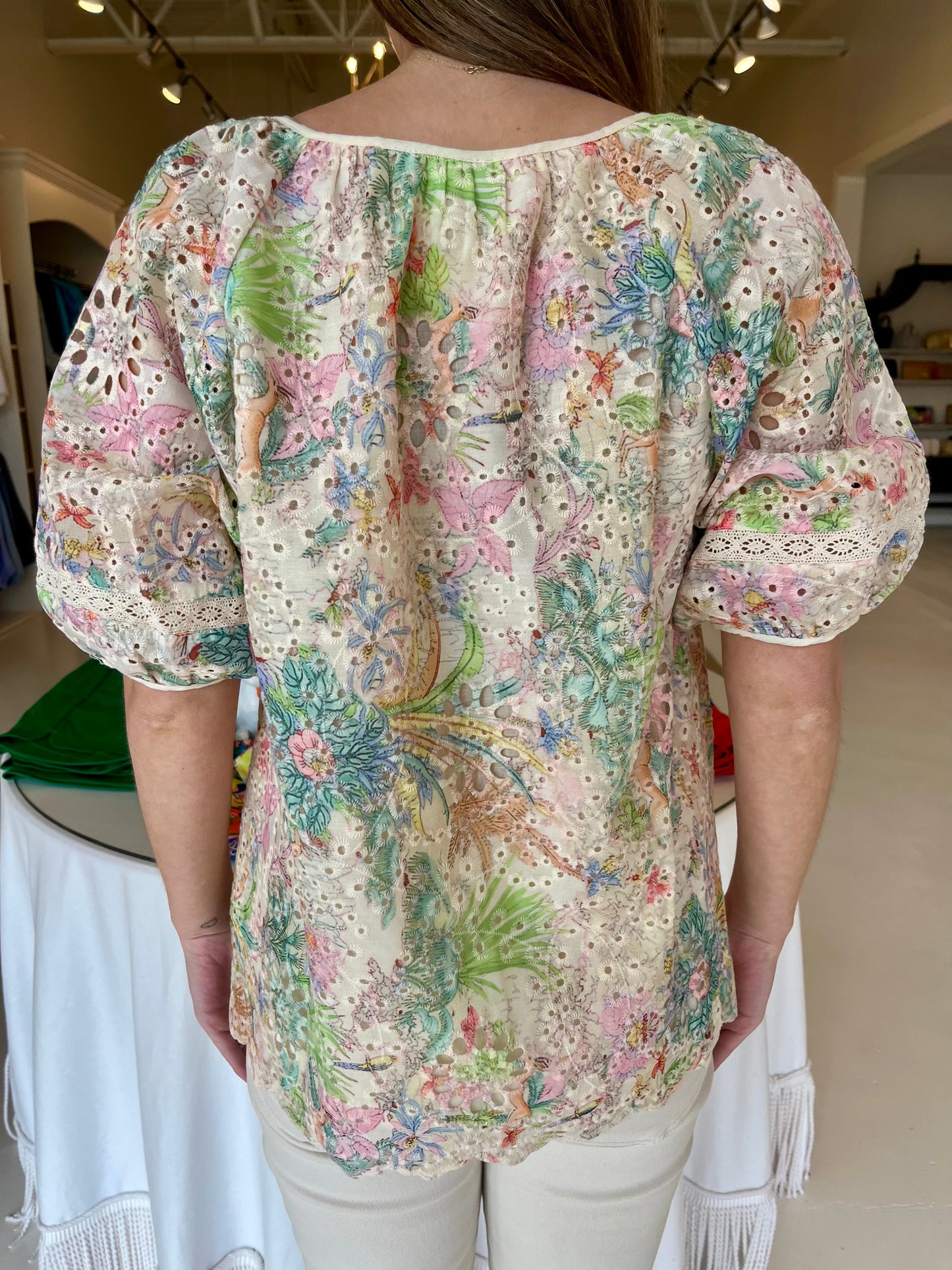 Jade Lace Trim Peasant Top - Watercolor Eyelet