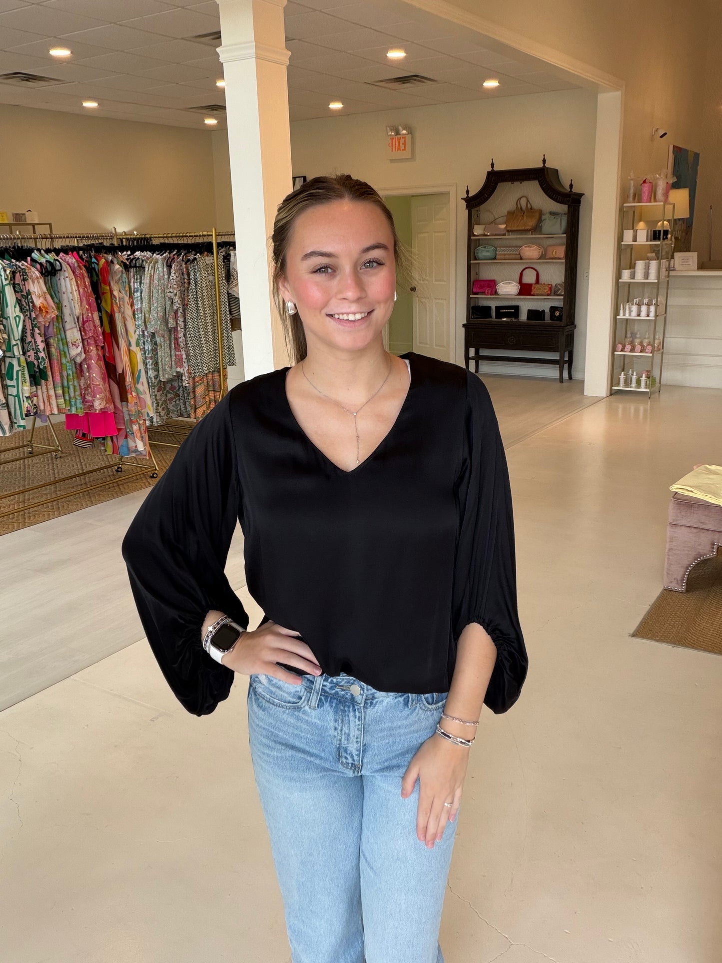 Esqualo Satin V-Neck Blouse- Black