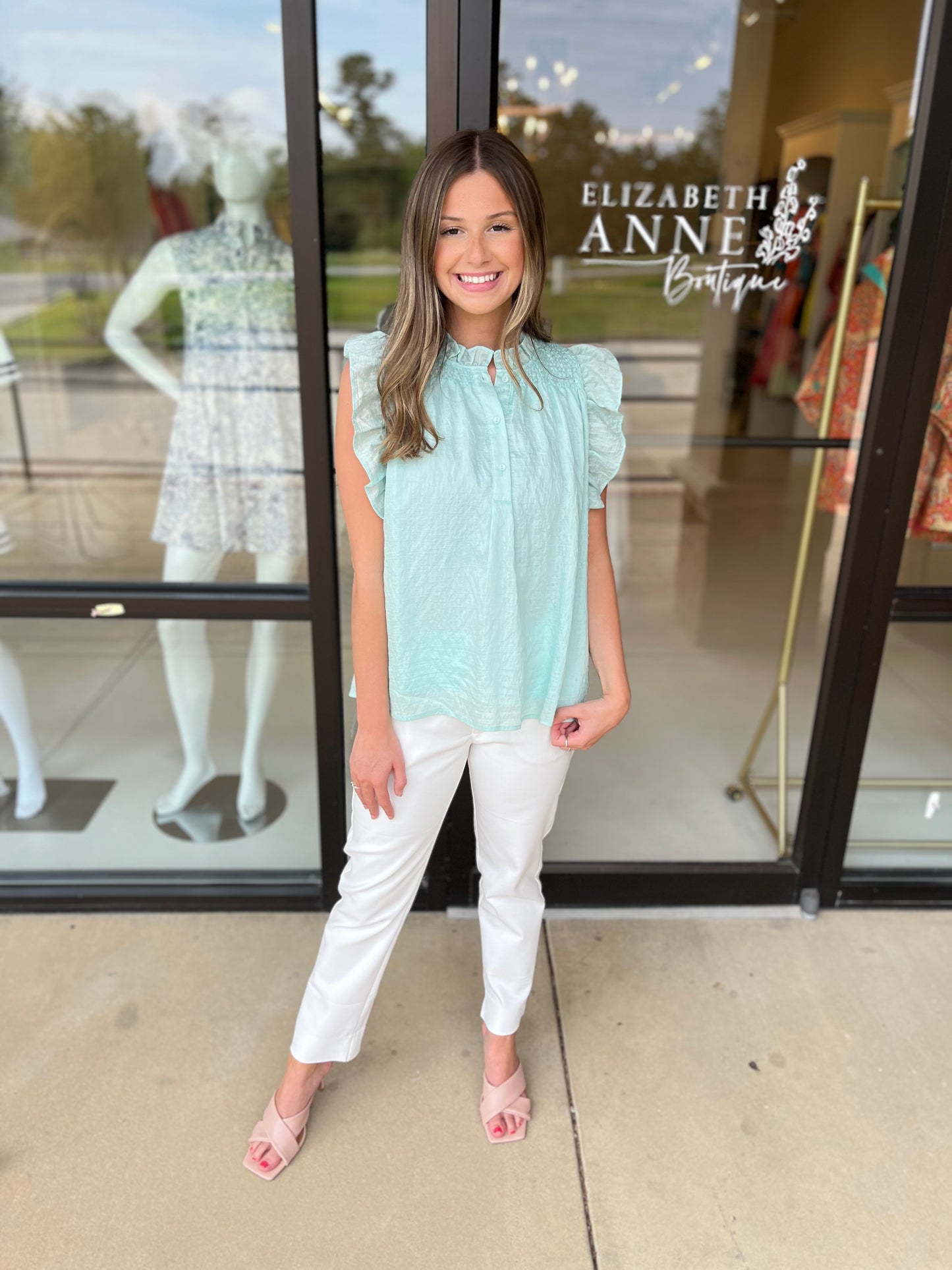 Joy Joy Mint Green Smocked Shoulder Shell Blouse