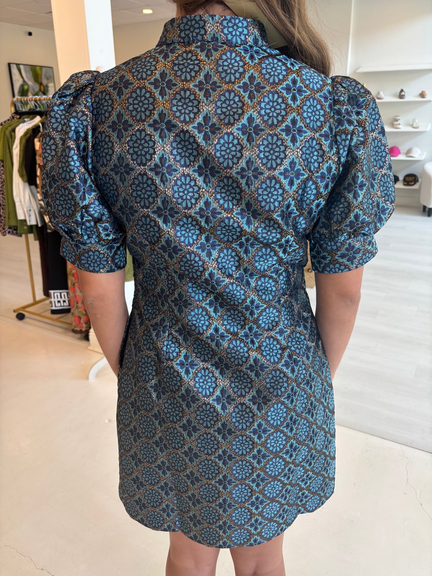 Collar Trimmed V-Neck Dress - Gilded Trellis