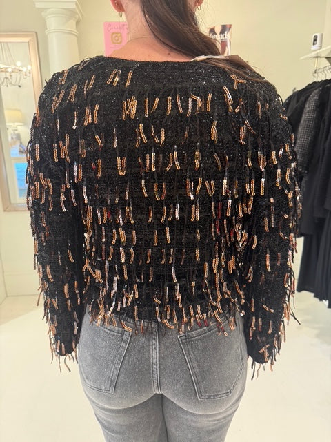 Esqualo Fringe Sweater - Black & Gold Sequins