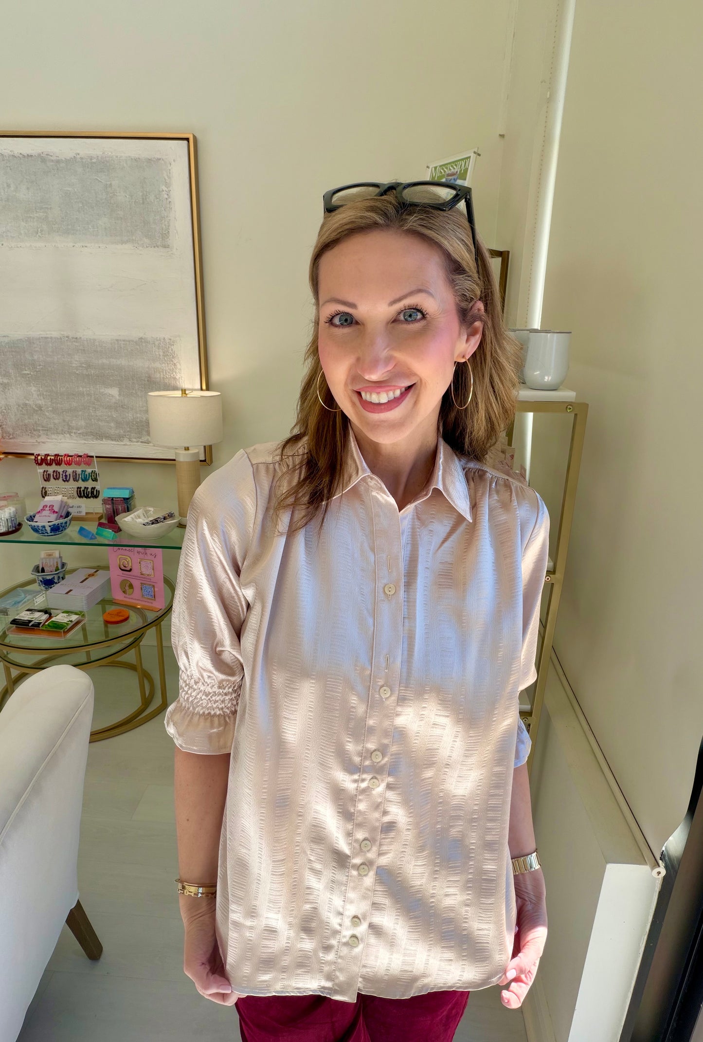 EAB Favorites Button Up Pleated Blouse- Taupe