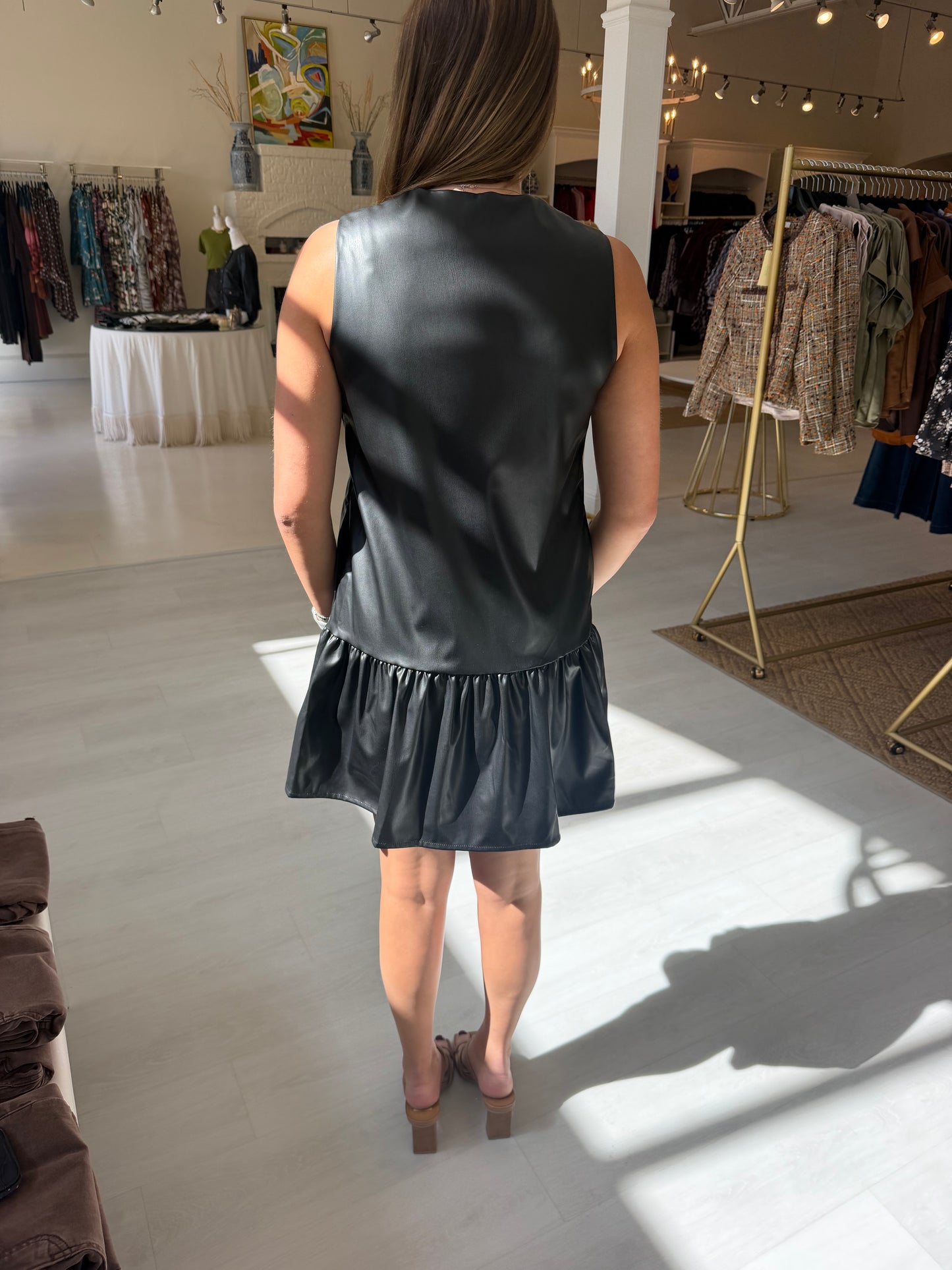 JoyJoy Leather V-Neck Button Front Dress- Black