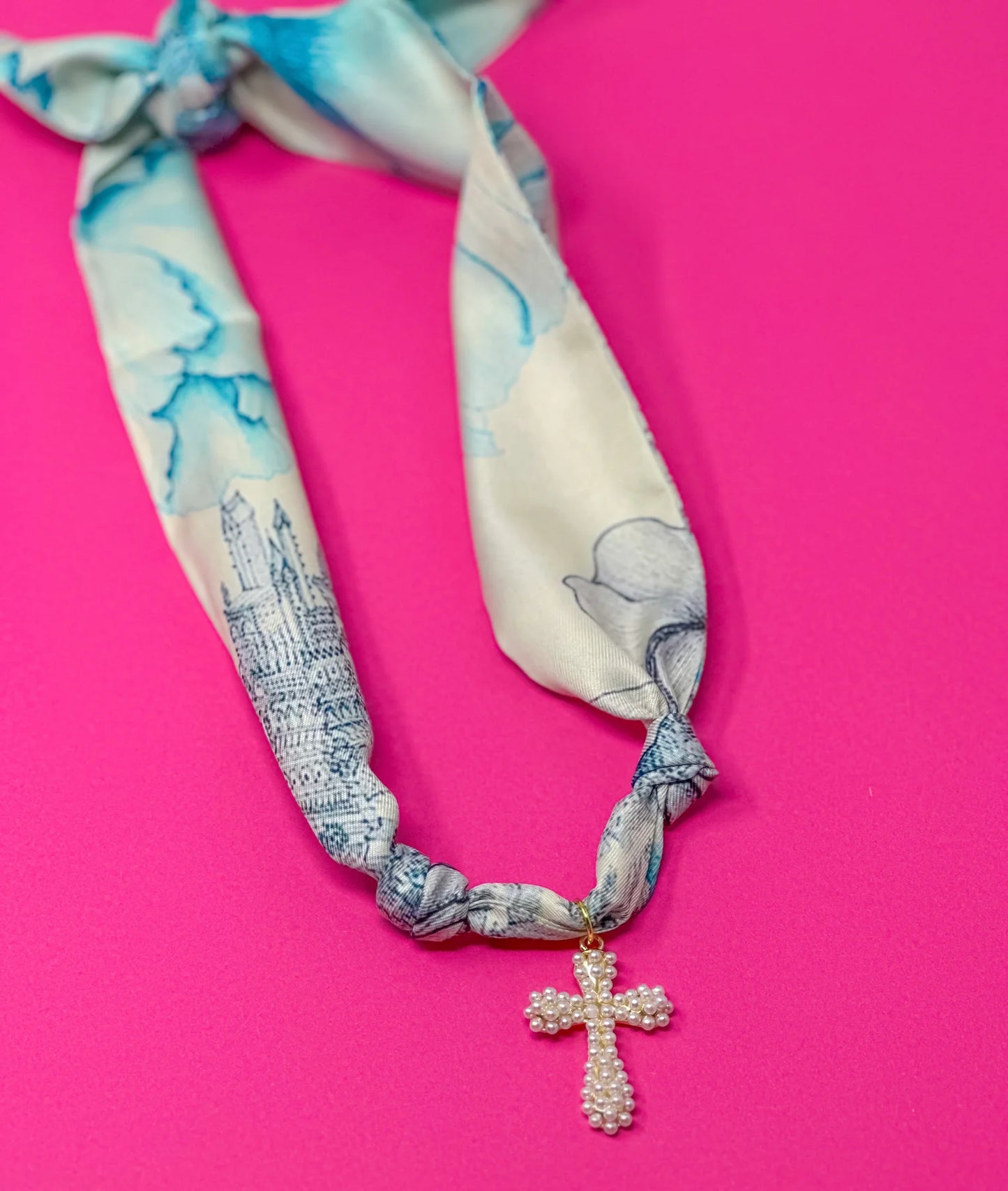 EAB Favorites Scarf Charm Necklace - Blue Abstract Print w/ Cross