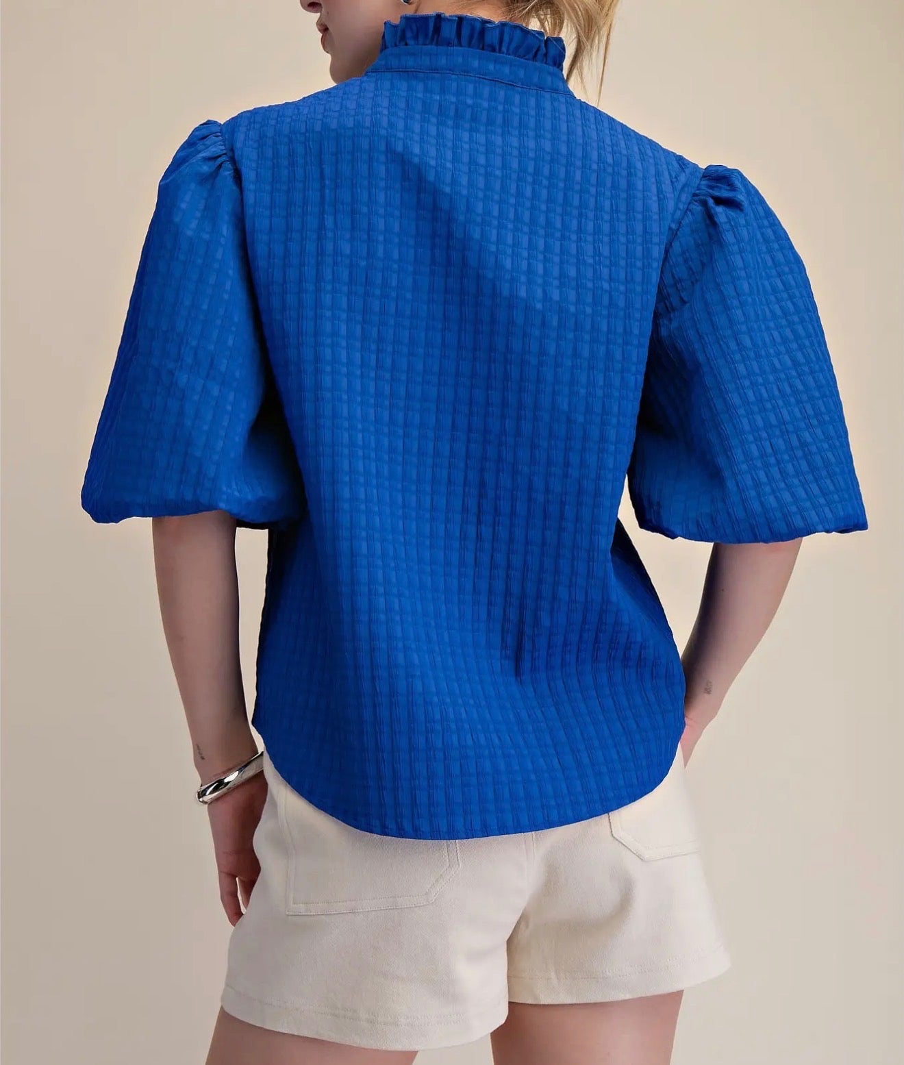 Royal Blue Puff Sleeve Textured Top