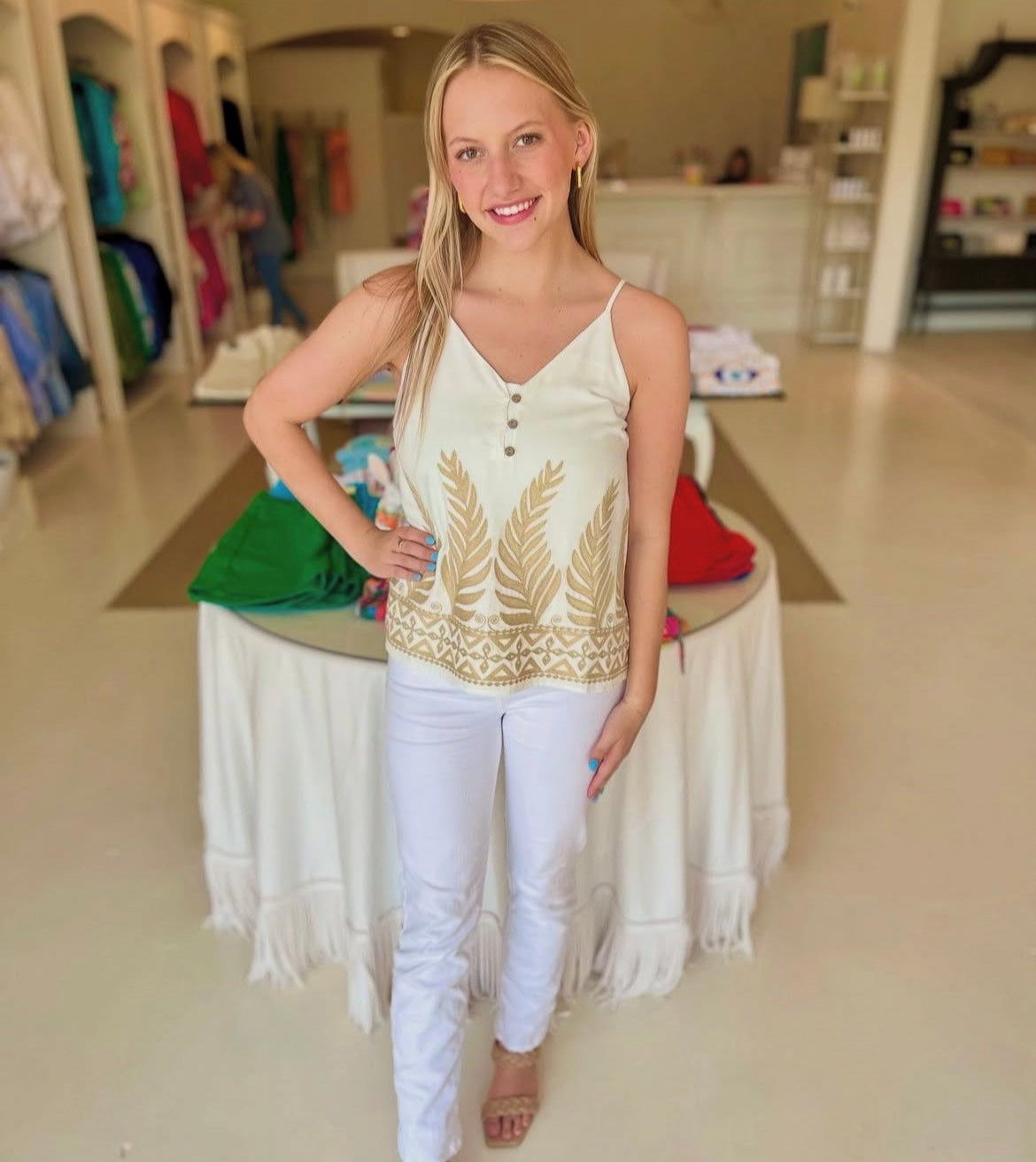 Esqualo Embroidered Camisole- Off White/Sand