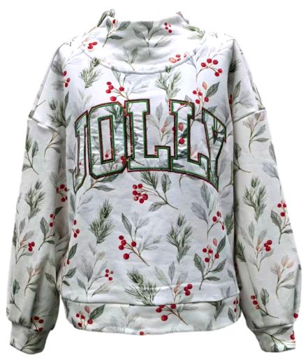 Queen of Sparkles Holly Print "Jolly" Mockneck Sweatshirt